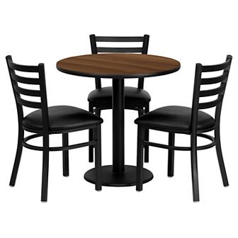 Emma and Oliver 30" Round Walnut Laminate Table Set, 3 Ladder Back Metal Chairs