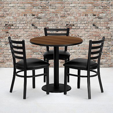 Emma and Oliver 30" Round Walnut Laminate Table Set, 3 Ladder Back Metal Chairs