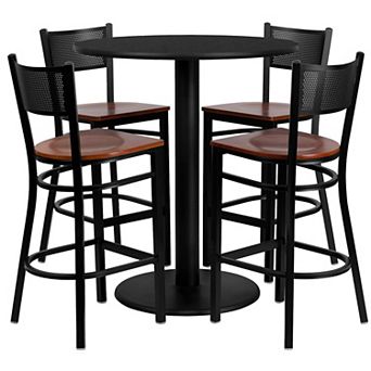 Emma and Oliver 36" Round Black Laminate Table Set, 4 Grid Back Metal Barstools