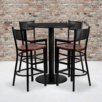 Emma and Oliver 36" Round Black Laminate Table Set, 4 Grid Back Metal Barstools
