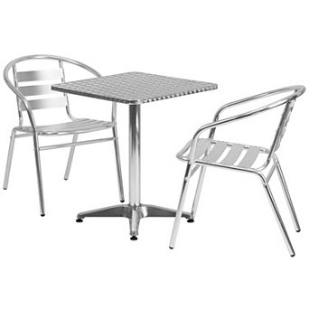 Emma and Oliver 23.5" Square Aluminum Table Set with 2 Slat Back Chairs