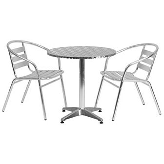 Emma and Oliver 27.5" Round Aluminum Table Set with 2 Slat Back Chairs