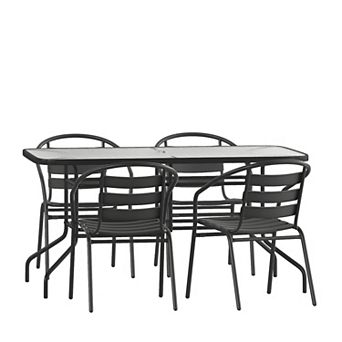 Emma and Oliver 5 pc Patio Table & Chairs Set with 31.5"x55" Rectangular Metal Table with Tempered Glass Top and 4 Black Aluminum Stacking Chairs