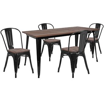 Emma and Oliver 30.25" x 60" Black Metal/Wood Table Set - 4 Stack Chairs