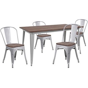 Emma and Oliver 30.25" x 60" Black Metal/Wood Table Set - 4 Stack Chairs