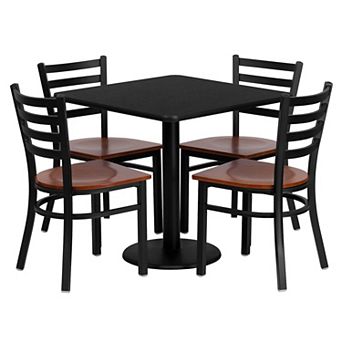 Emma and Oliver 30" Square Black Laminate Table Set, 4 Ladder Back Metal Chairs