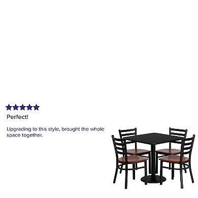 Emma and Oliver 30" Square Black Laminate Table Set, 4 Ladder Back Metal Chairs