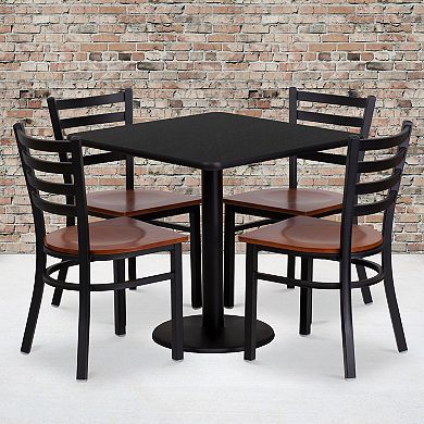 Emma and Oliver 30" Square Black Laminate Table Set, 4 Ladder Back Metal Chairs