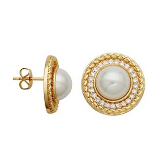 Sarafina 14k Gold Plated Simulated Pearl & Cubic Zirconia Accent Halo Stud Earrings