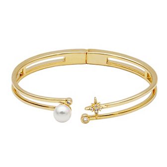 Sarafina Two Tone Simulated Pearl & Cubic Zirconia Starburst Cuff Bracelet