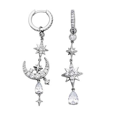 Sarafina Fine Silver Plated Cubic Zirconia Mismatched Celestial Drop Earrings