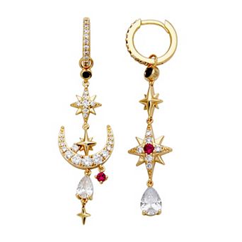 Sarafina 14k Gold Plated Cubic Zirconia & Simulated Ruby Mismatched Celestial Earrings