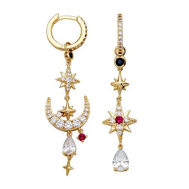 Sarafina 14k Gold Plated Cubic Zirconia & Simulated Ruby Mismatched Celestial Earrings