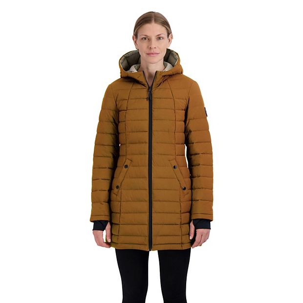 Women's halitech stretch hooded puffer with contrast hot sale lining