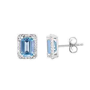 Oro Leoni 14k White Gold 1/6 Carat T. W. Diamond & Aquamarine Frame Stud Earrings