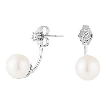 Oro Leoni 14k White Gold Freshwater Cultured Pearl 1/10 Carat T.W. Diamond Front Back Earrings