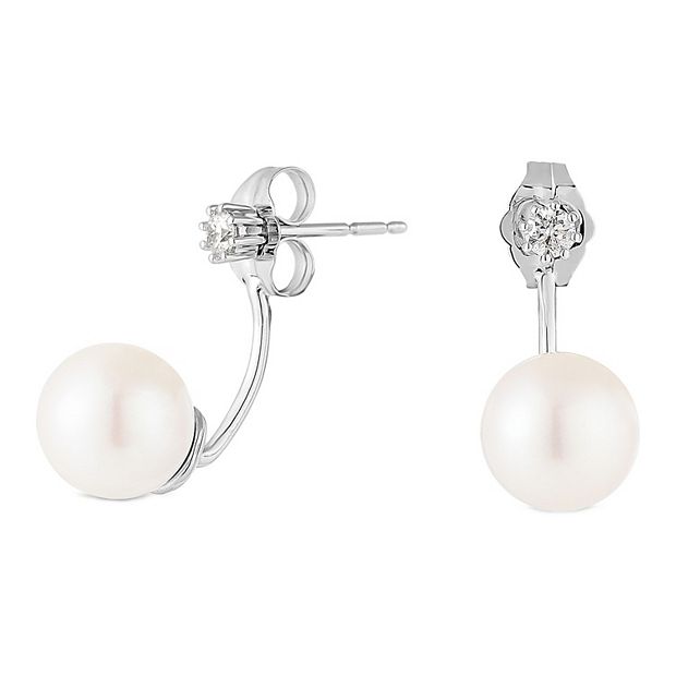 14k White Gold Freshwater Cultured Pearl 1/10 Carat T.W. Diamond Front Back  Earrings