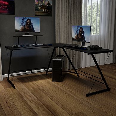 Emma and Oliver L-Shaped Computer Black Desk, Gaming Desk, Home Office Desk, Black Frame