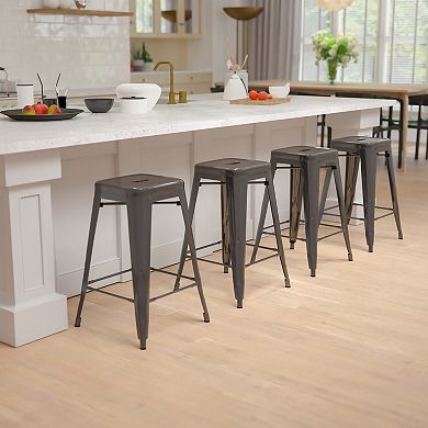 Emma and Oliver 4 Pack 24" High Metal Indoor Counter Bar Stool - Stackable Stool, Silver