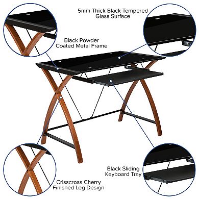 Emma and Oliver Glass Computer Desk-Pull-Out Keyboard Tray & Crisscross Frame