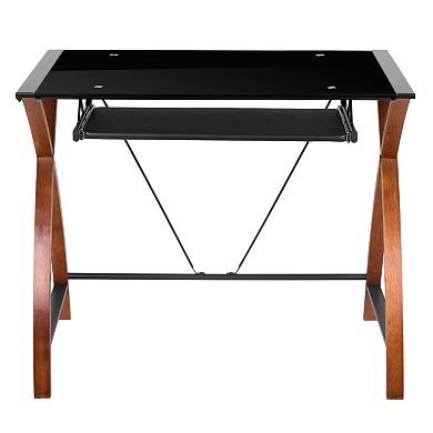 Emma and Oliver Glass Computer Desk-Pull-Out Keyboard Tray & Crisscross Frame