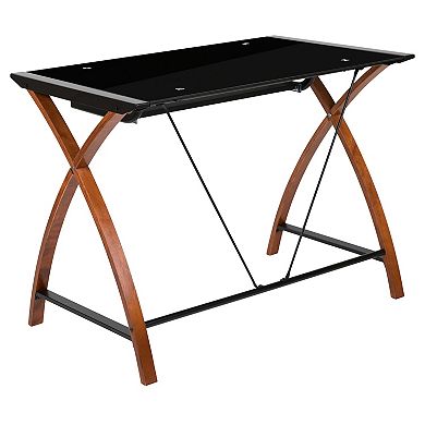 Emma and Oliver Glass Computer Desk-Pull-Out Keyboard Tray & Crisscross Frame