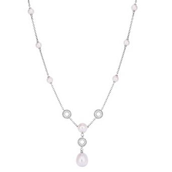 Oro Leoni Sterling Silver Freshwater Cultured Pearl & Lab-Created White Sapphire Y Necklace