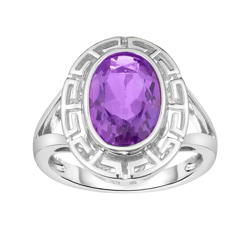 Oro Leoni Sterling Silver Greek Key Amethyst Ring