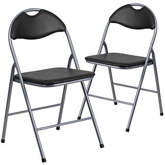 Emma and Oliver 2 Pack Black Vinyl Metal Folding Chair with Carrying Handle