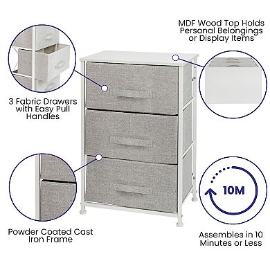 Emma and Oliver 3 Drawer Vertical Storage Dresser with Black Wood Top & Gray Fabric Pull Drawers
