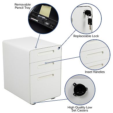 Emma and Oliver Ergonomic 3-Drawer Mobile Locking Filing Cabinet Storage Organizer-Gray