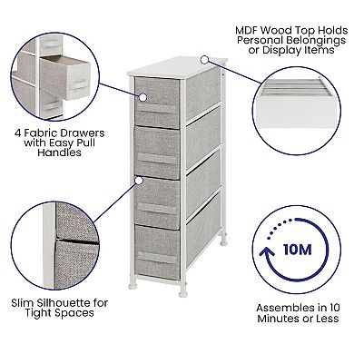 Emma and Oliver 4 Drawer Slim Dresser Storage Tower-White Wood Top & Gray Fabric Pull Drawers