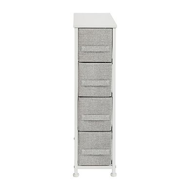 Emma and Oliver 4 Drawer Slim Dresser Storage Tower-White Wood Top & Gray Fabric Pull Drawers