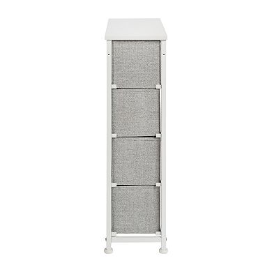 Emma and Oliver 4 Drawer Slim Dresser Storage Tower-White Wood Top & Gray Fabric Pull Drawers