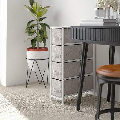 Emma and Oliver 4 Drawer Slim Dresser Storage Tower-White Wood Top & Gray Fabric Pull Drawers