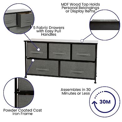 Emma and Oliver 5 Drawer Storage Chest with Black Wood Top & Light Gray Fabric Pull Drawers