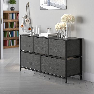 Emma and Oliver 5 Drawer Storage Chest with Black Wood Top & Light Gray Fabric Pull Drawers