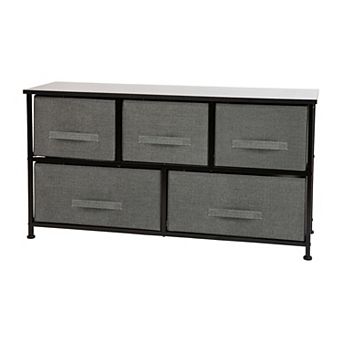 Emma and Oliver 5 Drawer Storage Chest with Black Wood Top & Light Gray Fabric Pull Drawers