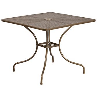 Emma and Oliver Commercial Grade 35.5" SQ Sky BL Indoor-Outdoor Steel Patio Table-Umbrella Hole