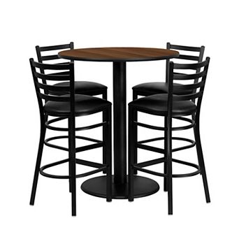 Emma and Oliver 36" Round Walnut Laminate Table Set, 4 Ladder Back Metal Barstools