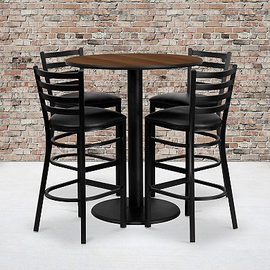 Emma and Oliver 36" Round Walnut Laminate Table Set, 4 Ladder Back Metal Barstools