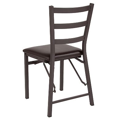 Emma and Oliver 2 Pack Ladder Back Metal Folding Chair with Brown Vinyl Seat
