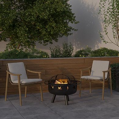 Emma and Oliver 29" Round Wood Burning Sun & Moon Cutout Outdoor Firepit with Mesh Spark Screen