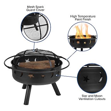 Emma and Oliver 29" Round Wood Burning Sun & Moon Cutout Outdoor Firepit with Mesh Spark Screen
