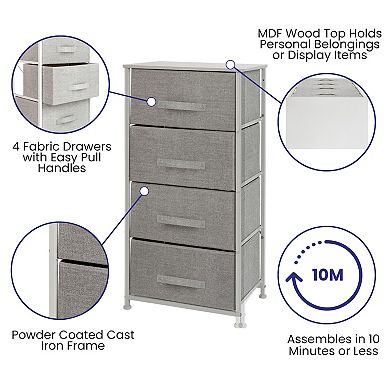 Emma and Oliver 4 Drawer Vertical Storage Dresser with White Wood Top & Gray Fabric Pull Drawers
