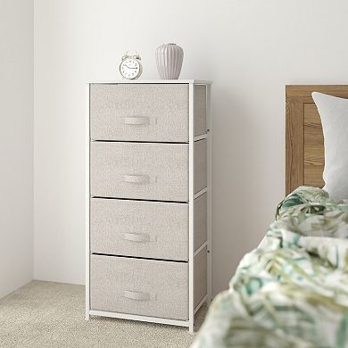 Emma and Oliver 4 Drawer Vertical Storage Dresser with White Wood Top & Gray Fabric Pull Drawers