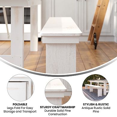 Emma and Oliver 8' x 12" Antique Rustic White Solid Pine Folding Farm Bench - Portable Bench