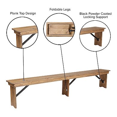 Emma and Oliver 8' x 12" Antique Rustic White Solid Pine Folding Farm Bench - Portable Bench
