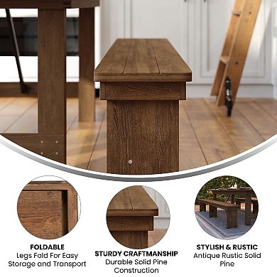 Emma and Oliver 8' x 12" Antique Rustic White Solid Pine Folding Farm Bench - Portable Bench