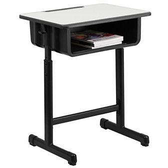 Emma and Oliver Grey Student Desk with Adjustable Height Black Pedestal Frame